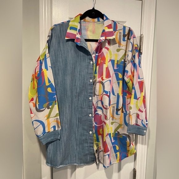 VTG Colorful Alphabet Blue Colorblock Size 2X Button Down Collared Shirt - Picture 1 of 10
